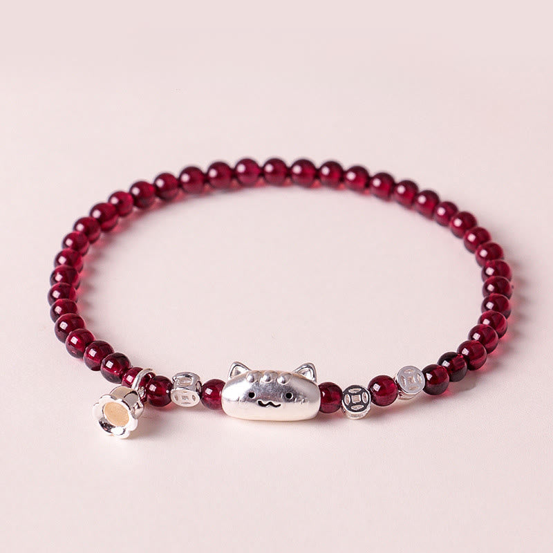 1760611376_699c3eeb-2076-42ca-a72d-d06a2ac5ae5a Buddha Stones 999 Sterling Silver Natural Cute Cat Head Garnet Protection Bead Bracelet - image 1