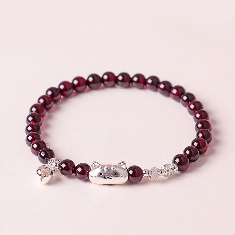 1760611376_726aaf10-3e9e-404d-99c0-32826b7a2b81 Buddha Stones 999 Sterling Silver Natural Cute Cat Head Garnet Protection Bead Bracelet - 6mm Garnet(Wrist Circumference:13-15cm) - image 13