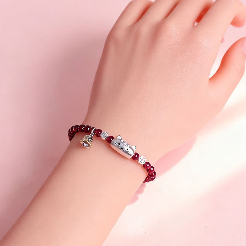 1760611376_9e9812cb-cde5-4efd-81a7-cf8e8b3ee64c Buddha Stones 999 Sterling Silver Natural Cute Cat Head Garnet Protection Bead Bracelet - image 6