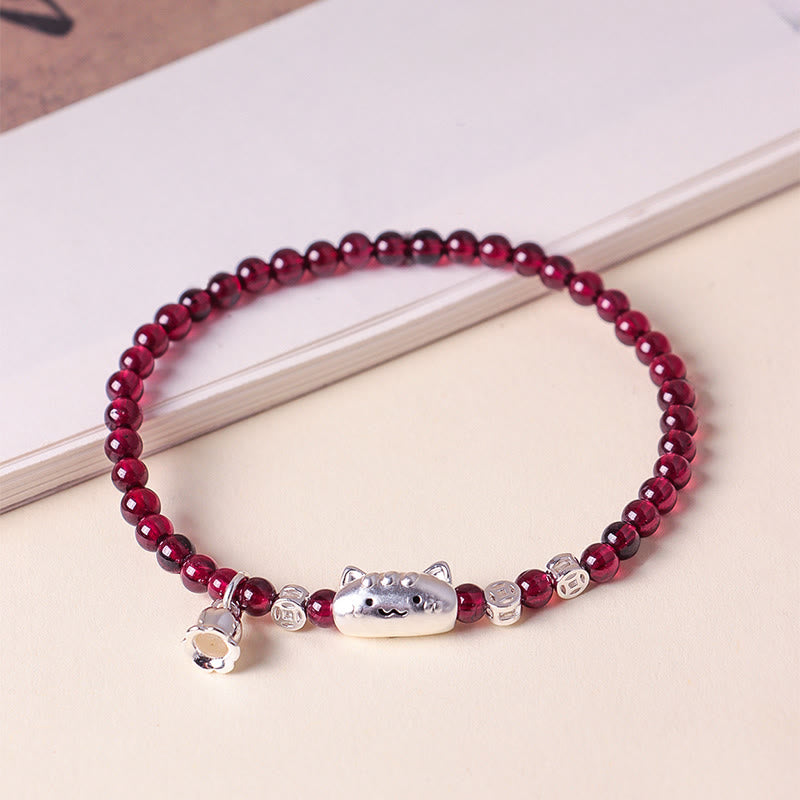 1760611376_c7f7d102-acd4-460d-ab70-62c62befd7c9 Buddha Stones 999 Sterling Silver Natural Cute Cat Head Garnet Protection Bead Bracelet - image 2