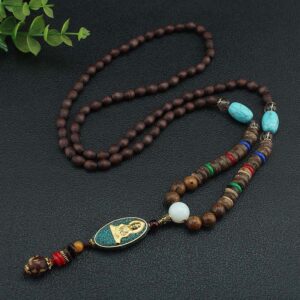 Buddha Stones Vintage Nepal Avalokitesvara Harmony Coconut Shell Beads Pendant Necklace - AVALOKITESVARA SYMBOL (Wealth ♥ Success) - image 0
