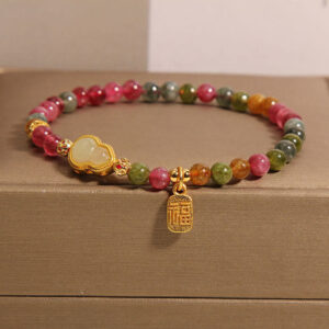 Buddha Stones Tourmaline Colorful Stone Fu Character Positive Bracelet - Tourmaline(Wrist Circumference: 15-16cm) - image 0