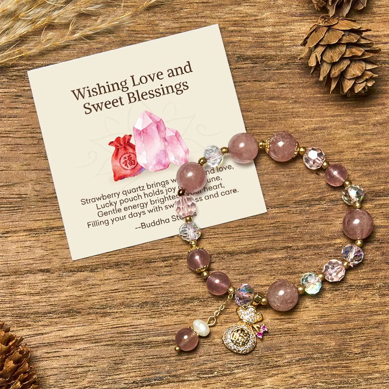1760360304 Buddha Stones "Wishing Love and Sweet Blessings"Strawberry Quartz Bracelet Includes Gift Message Card - Strawberry Quartz(Love♥Healing) - Standard Gift Box - image 0