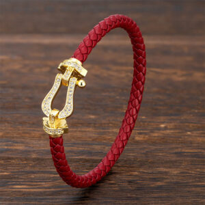 Buddha Stones Copper Balance horseshoe-Shaped Zircon Leather Buckle Bracelet - Golden Buckle & Red Leather - 23cm - image 0